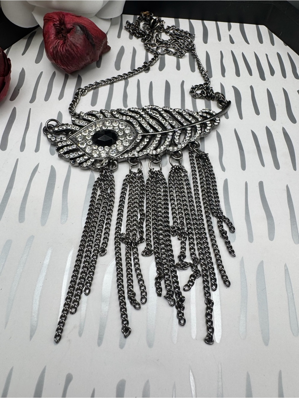 Gunmetal Feather Fringe Necklace with Black Crystal Accents